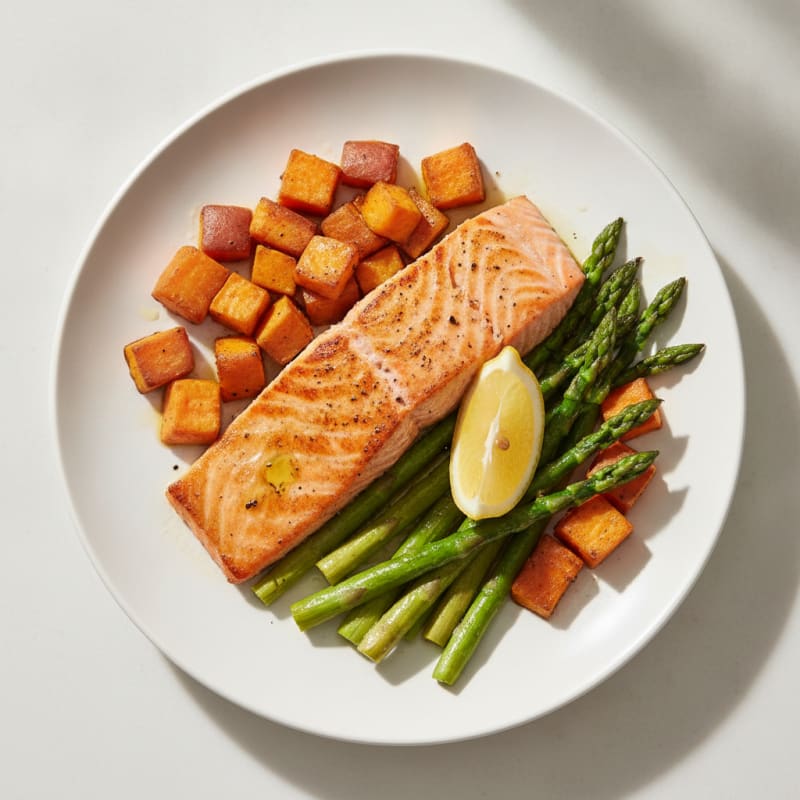 Seared Salmon with Roasted Sweet Potato and Asparagus