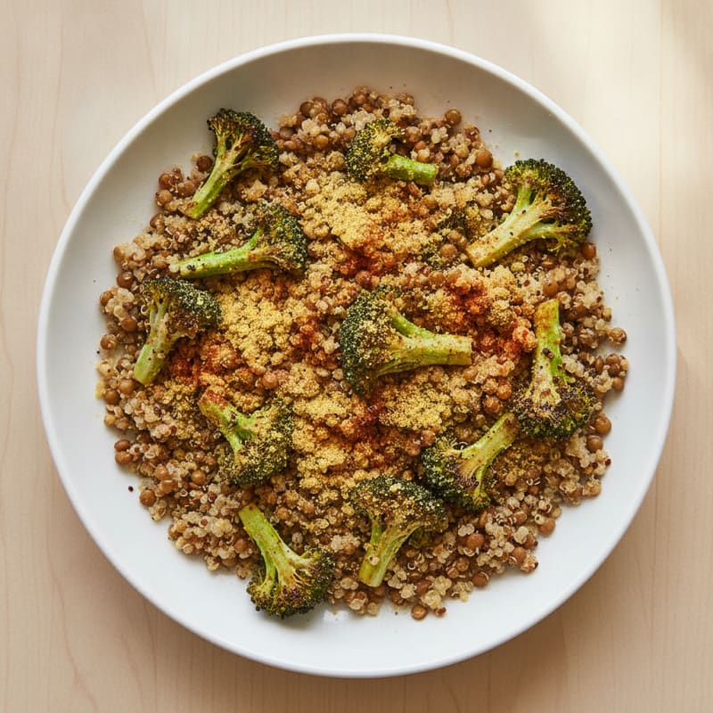 Crispy Lentil and Quinoa Power Bowl with Roasted Broccoli