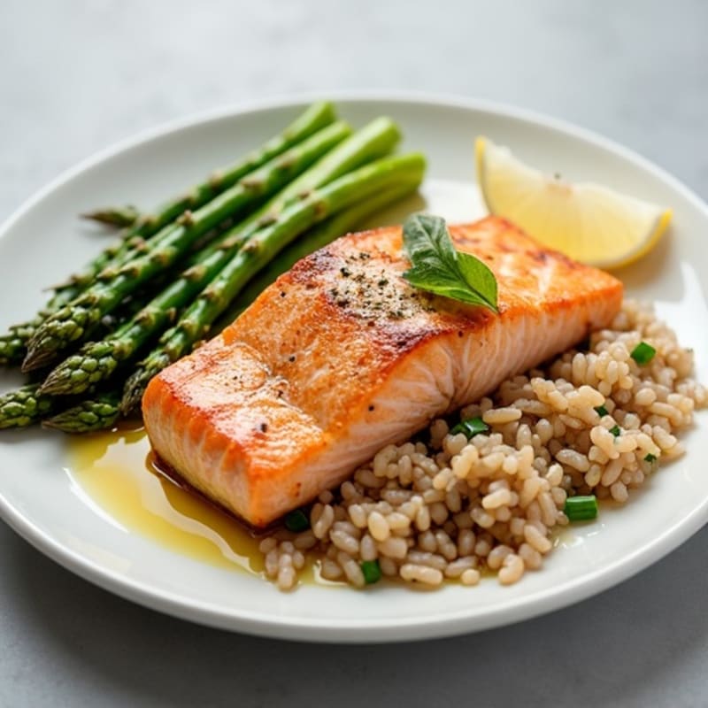 Seared Salmon with Steamed Asparagus and Wild Rice