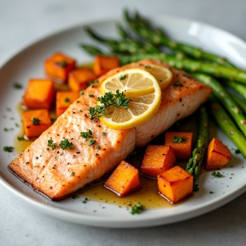 Seared Salmon with Roasted Sweet Potato and Asparagus