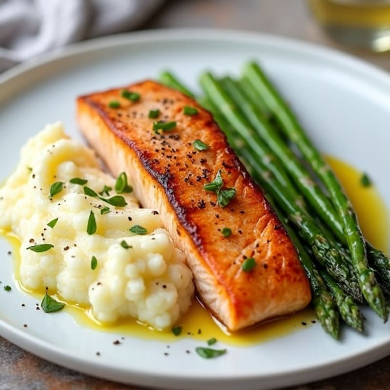 Seared Salmon with Steamed Asparagus and Garlic Mashed Cauliflower