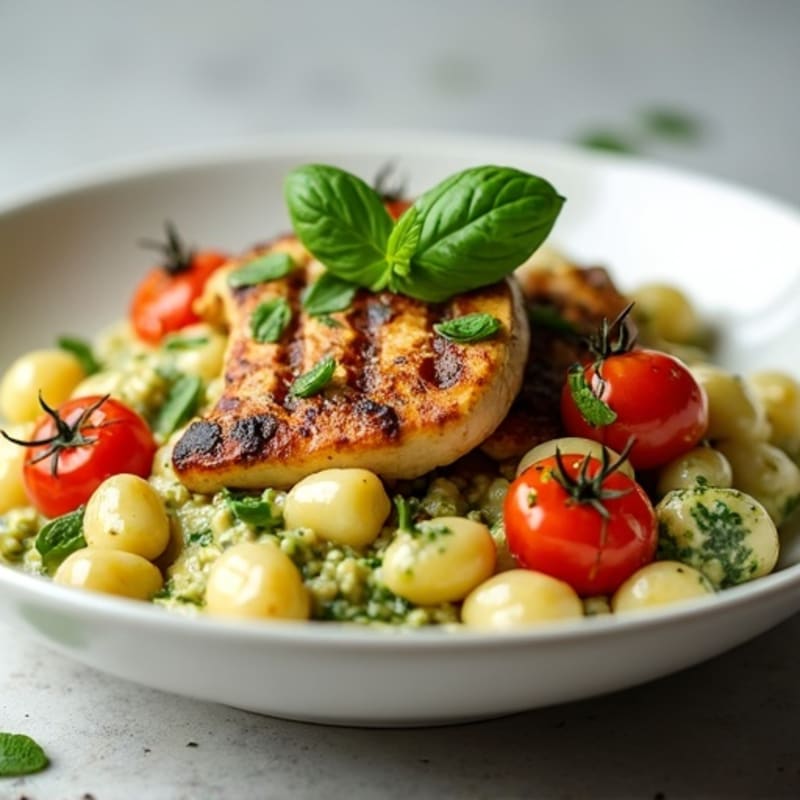 Creamy Basil Pesto Gnocchi with Roasted Cherry Tomatoes and Grilled Chicken