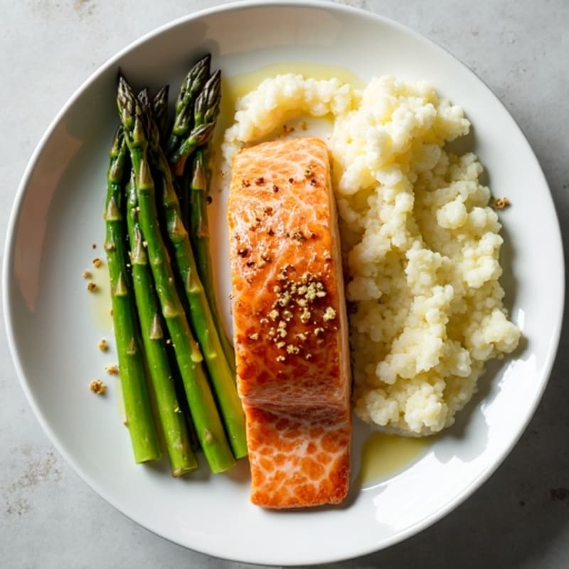 Seared Salmon with Roasted Asparagus and Cauliflower Mash