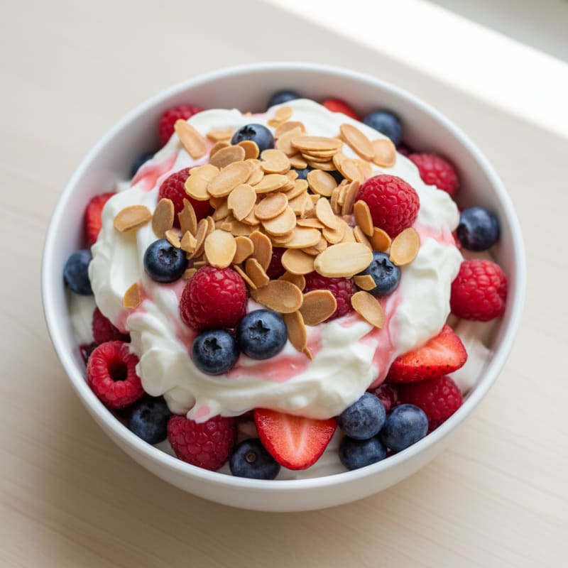Greek Yogurt Protein Parfait with Mixed Berries and Almonds