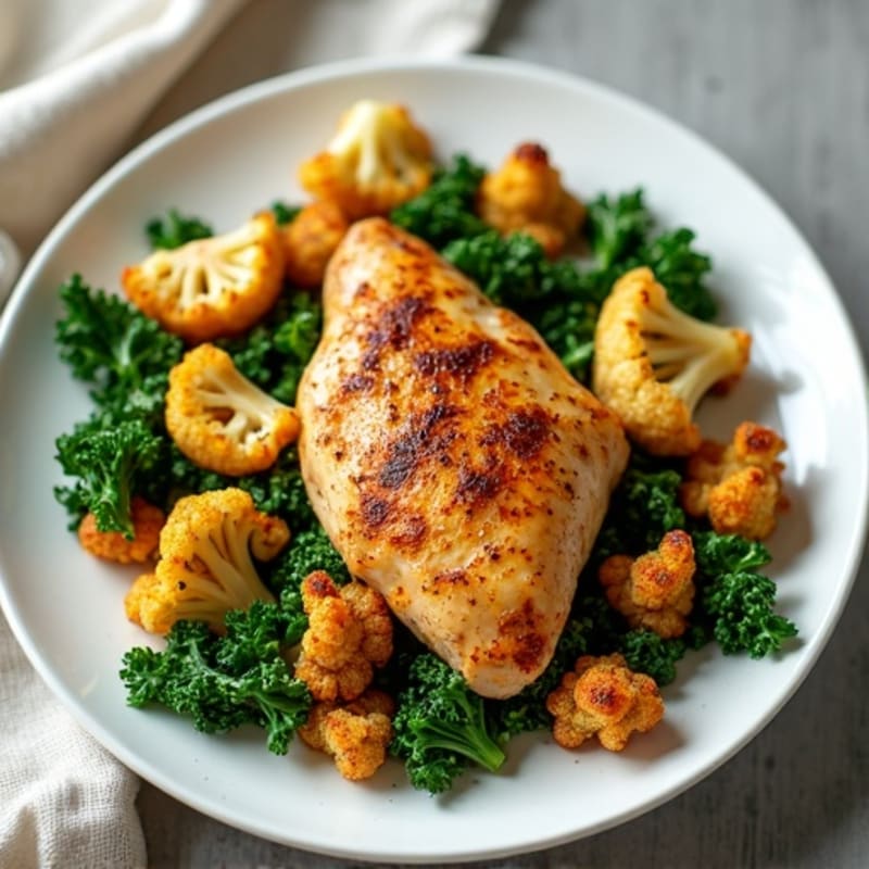 Sheet Pan Roasted Chicken with Crispy Kale and Cauliflower