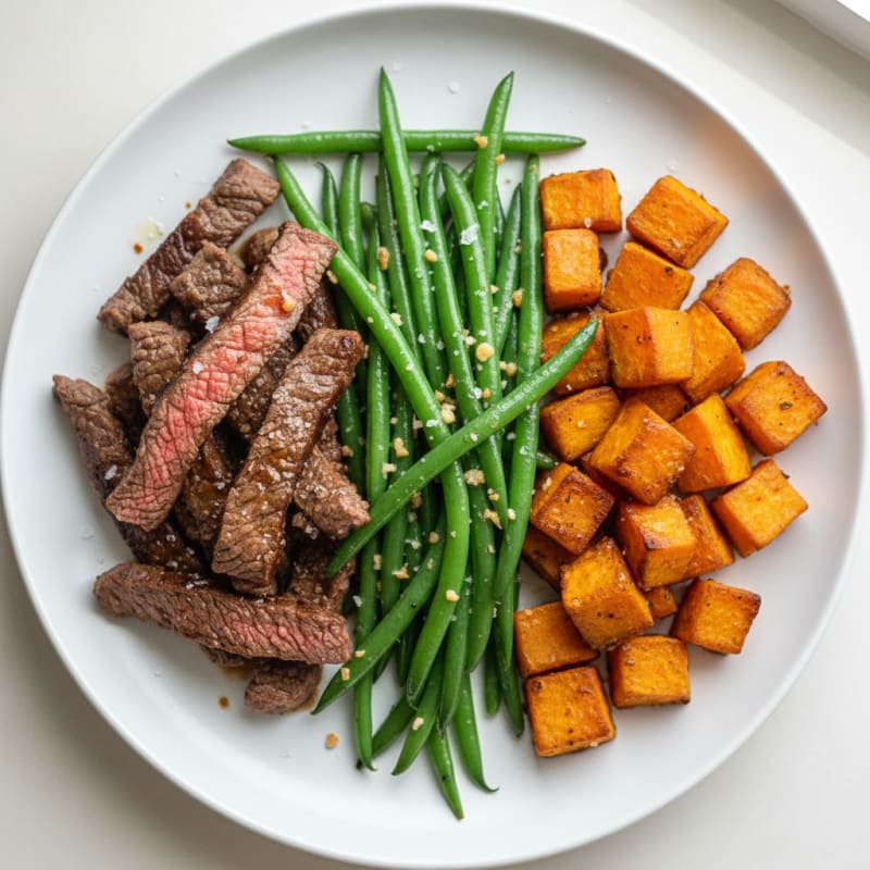 Seared Beef Strips with Garlic Green Beans and Roasted Sweet Potato