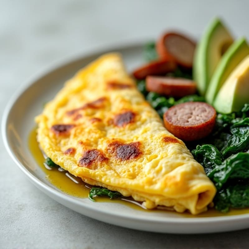 Egg White Omelet with Turkey Sausage and Sautéed Spinach