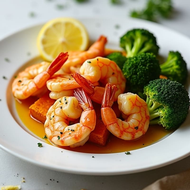 Garlic Shrimp with Roasted Sweet Potatoes and Steamed Broccoli