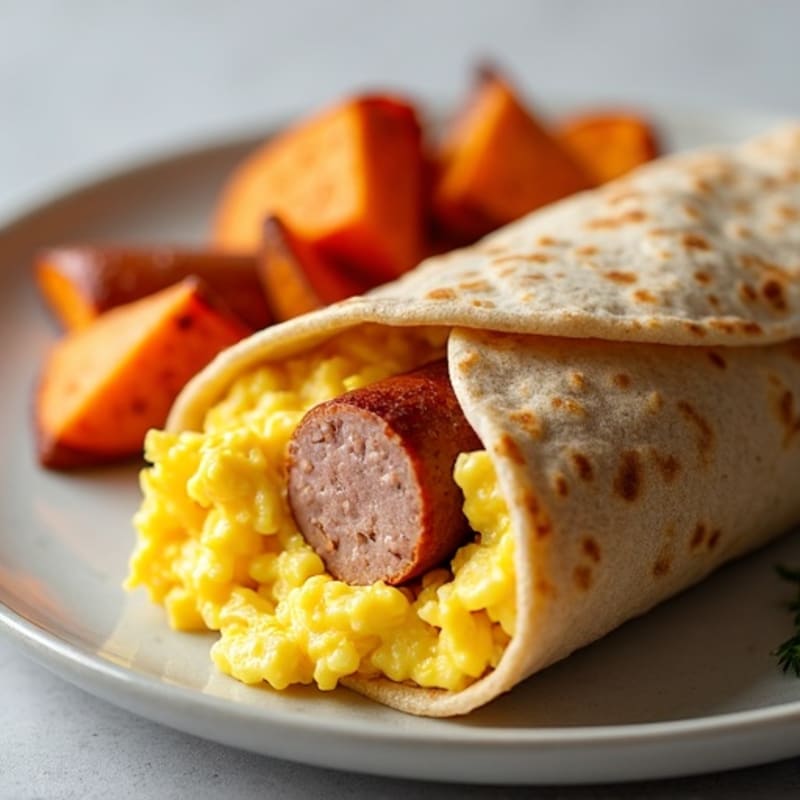 Lean Turkey Sausage and Scrambled Egg Burrito with Roasted Sweet Potatoes