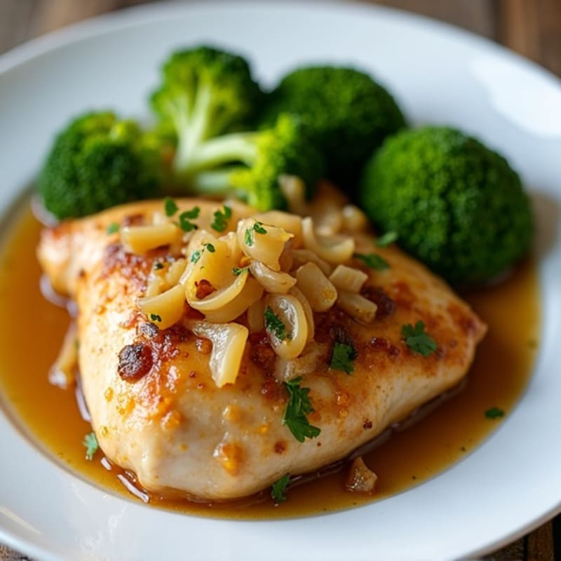 Tender Braised Chicken with Lemon Onion Sauce and Steamed Greens