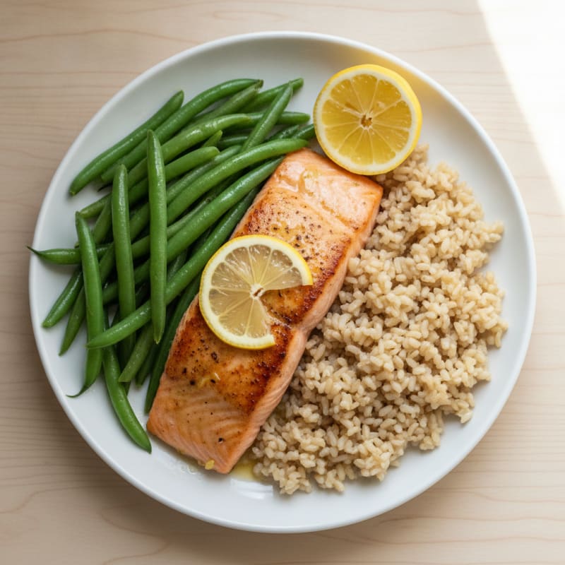 Seared Salmon with Steamed Green Beans and Brown Rice