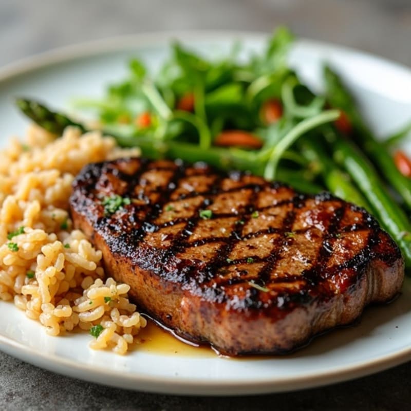 Grilled Steak with Roasted Asparagus, Brown Rice & Side Salad