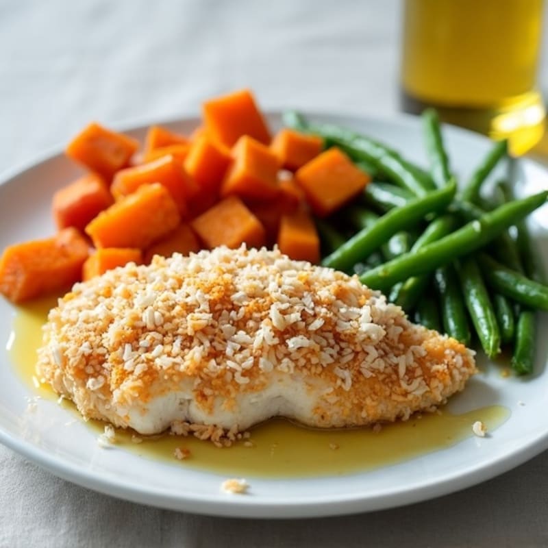 Coconut-Crusted Chicken with Roasted Sweet Potatoes and Green Beans