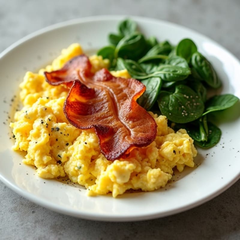 Fluffy Scrambled Eggs with Fresh Spinach and Crispy Turkey Bacon