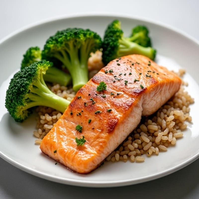 Seared Salmon with Steamed Broccoli and Brown Rice