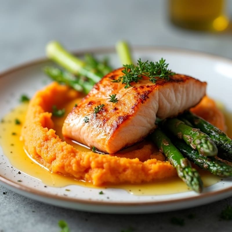 Seared Salmon with Roasted Asparagus and Sweet Potato Mash