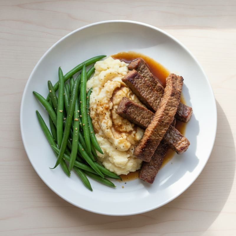 Seared Lean Beef Strips with Steamed Green Beans and Cauliflower Mash