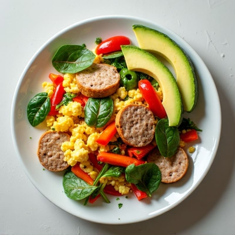 Egg White and Turkey Sausage Scramble with Spinach and Bell Peppers