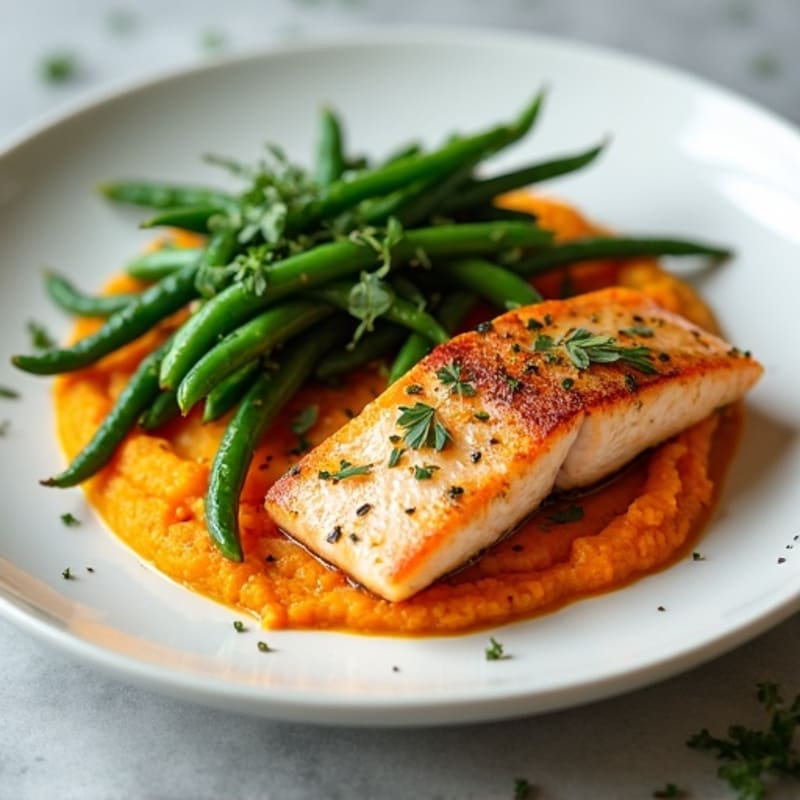Seared Salmon with Steamed Green Beans and Sweet Potato Mash