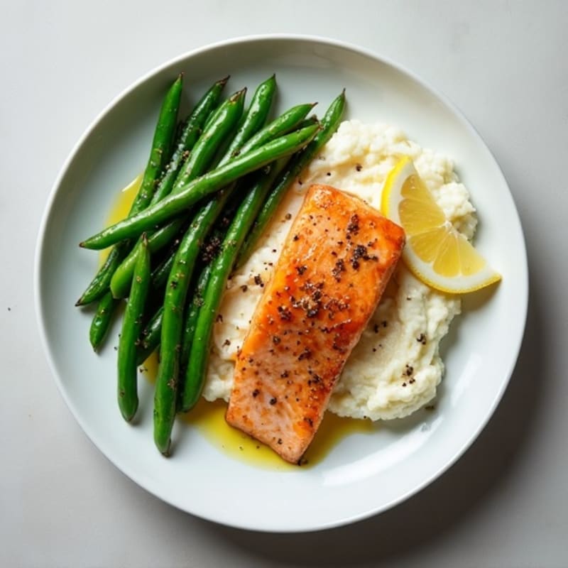 Seared Salmon with Garlic Green Beans and Cauliflower Mash