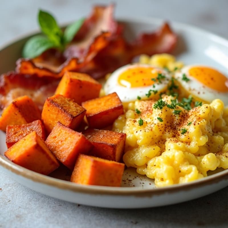 Crispy Bacon and Fluffy Scrambled Eggs with Roasted Sweet Potatoes