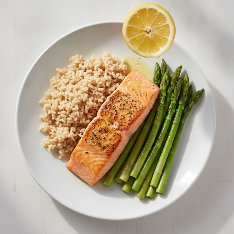 Seared Salmon with Steamed Asparagus and Brown Rice