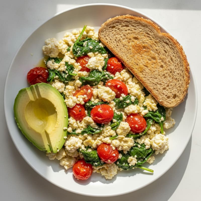 Egg White and Cottage Cheese Scramble with Spinach and Cherry Tomatoes