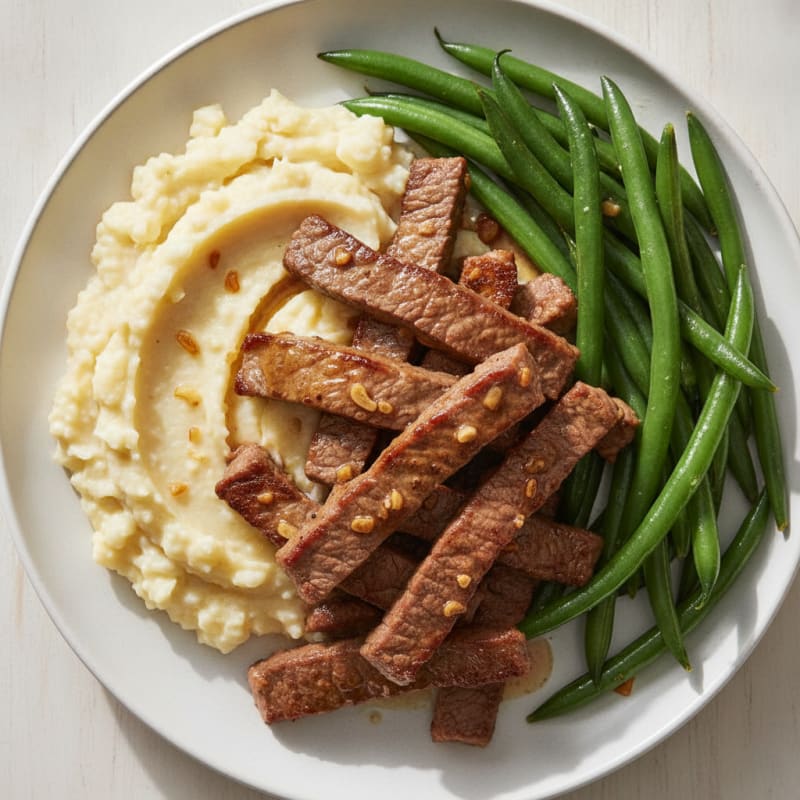 Seared Lean Beef Strips with Steamed Green Beans and Cauliflower Mash
