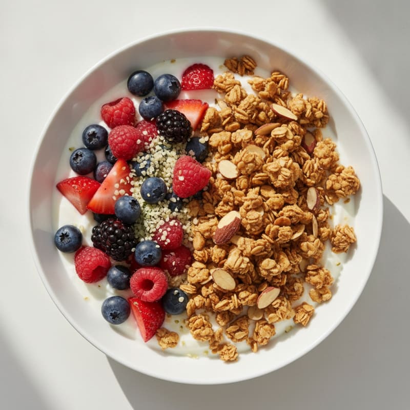 Greek Yogurt Bowl with Crunchy Almond Granola and Mixed Berries