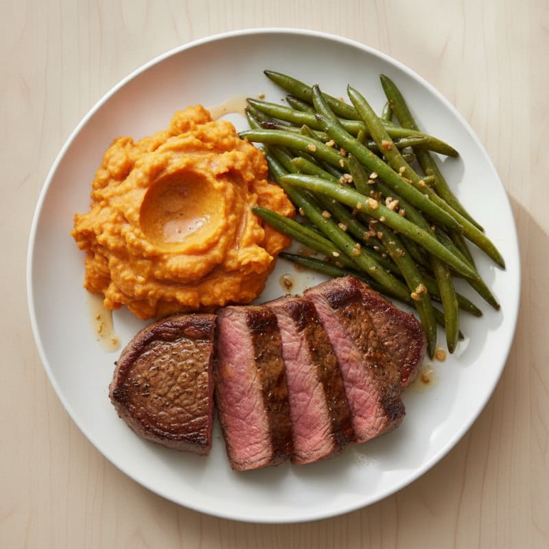 Seared Sirloin Steak with Garlic Green Beans and Mashed Sweet Potato