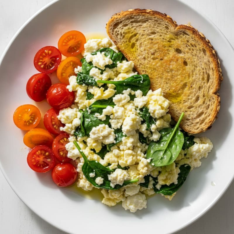 Cottage Cheese Egg Scramble with Spinach and Cherry Tomatoes
