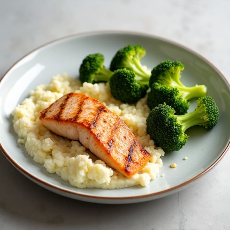 Seared Salmon with Steamed Broccoli and Garlic Cauliflower Mash