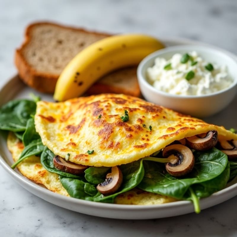 Egg White Spinach Omelette with Cottage Cheese and Sautéed Mushrooms