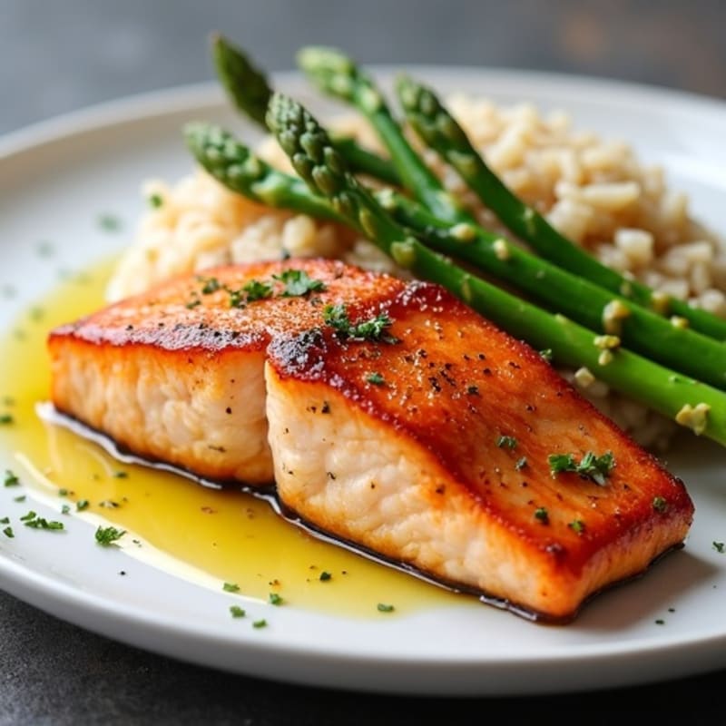 Seared Salmon with Steamed Asparagus and Brown Rice
