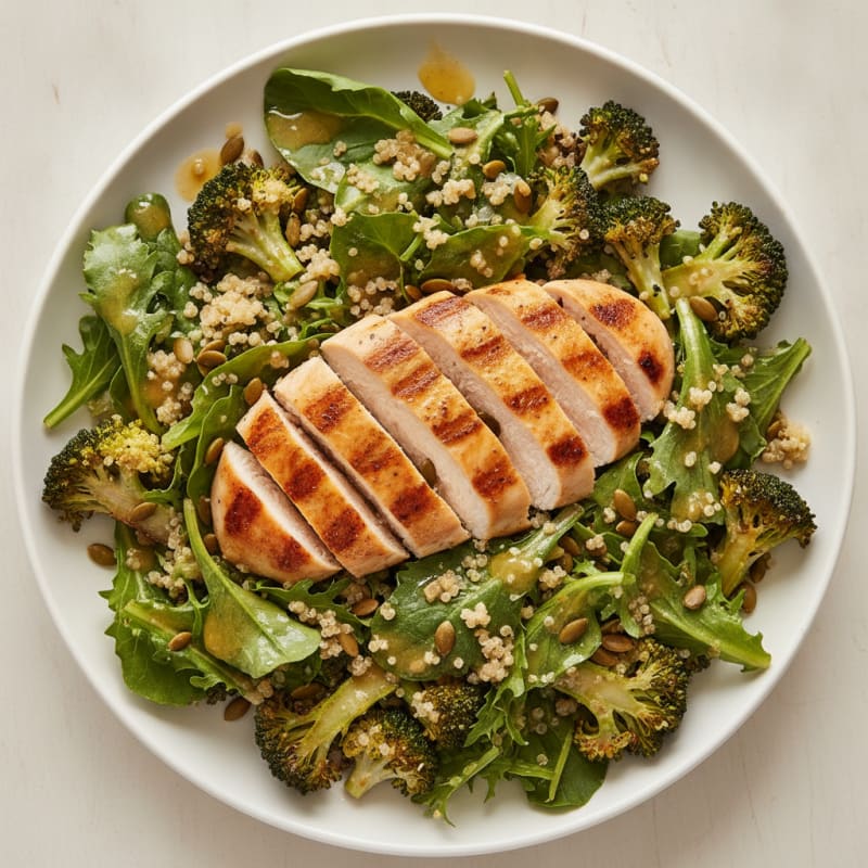 Grilled Chicken Breast Salad with Quinoa and Roasted Broccoli