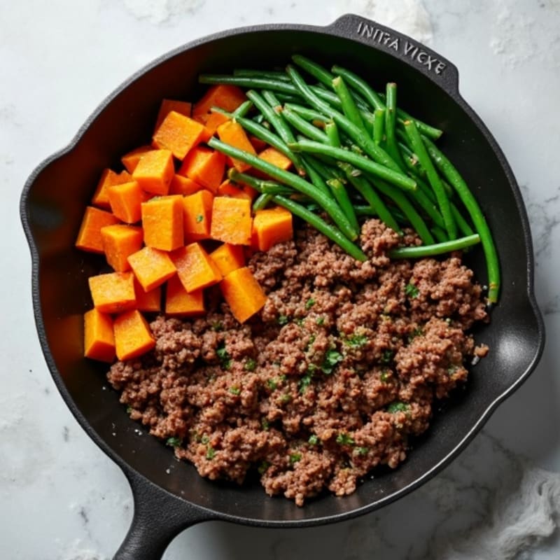 Lean Ground Beef and Roasted Sweet Potato Skillet with Crispy Green Beans