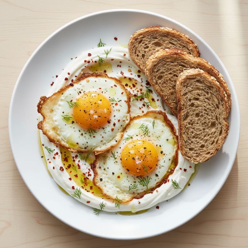 Golden Pan-Seared Eggs with Creamy Yogurt