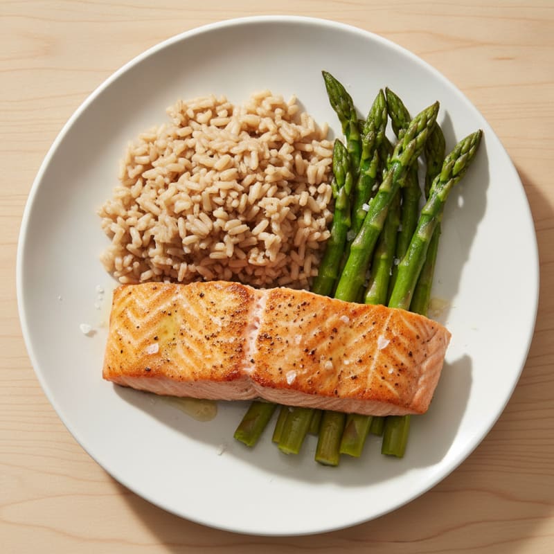 Seared Salmon Filet with Steamed Asparagus and Brown Rice