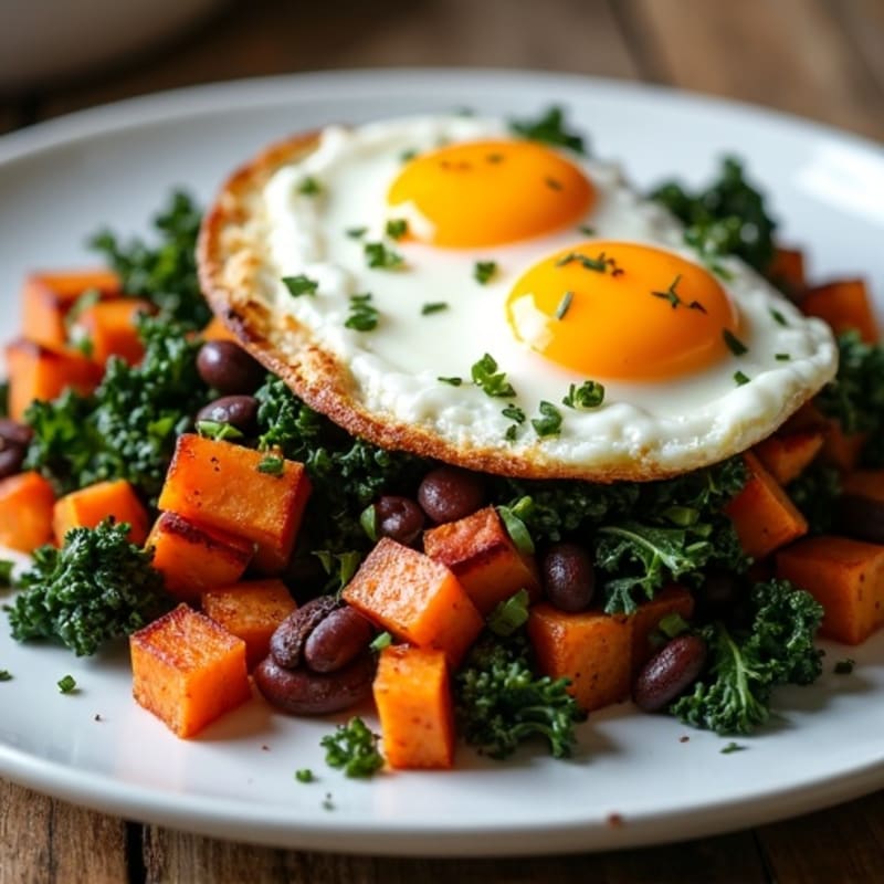 Crispy Sweet Potato Hash with Sautéed Greens and Fried Eggs