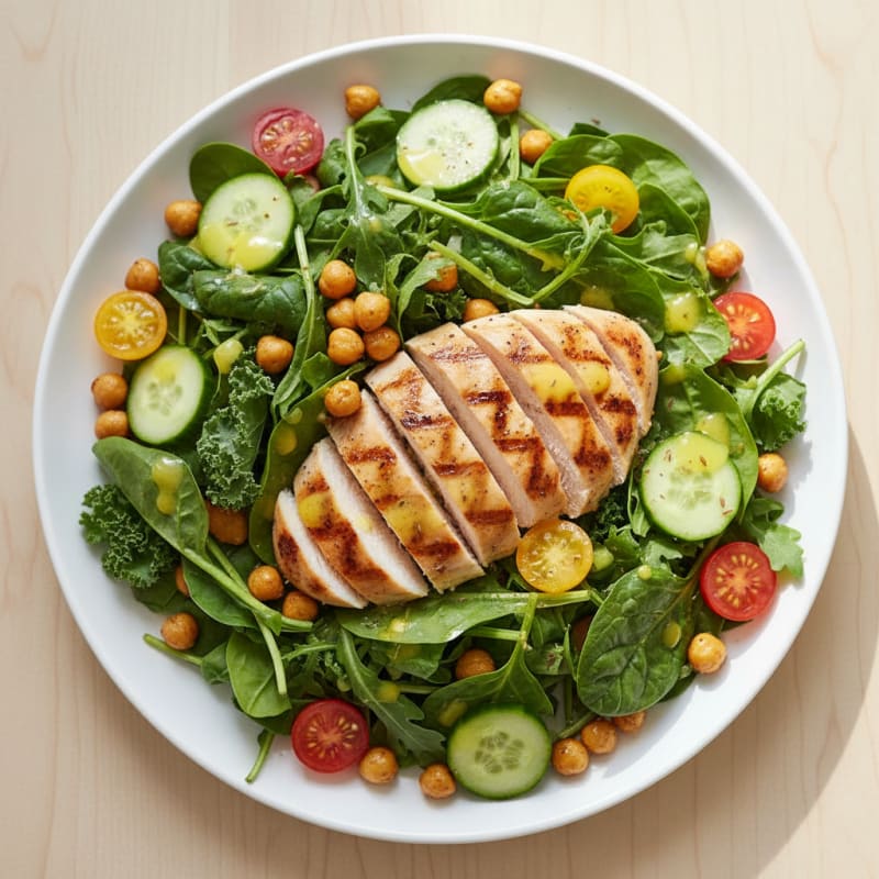Grilled Chicken Breast Salad with Roasted Chickpeas and Mixed Greens
