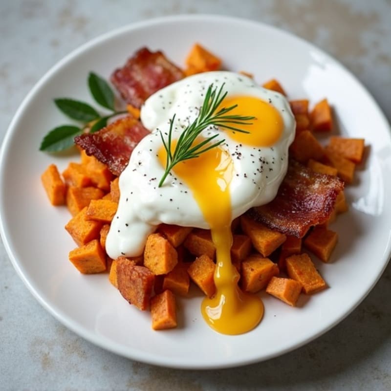 Poached Eggs with Crispy Turkey Bacon, Sweet Potato Hash, and Creamy Lemon-Dill Sauce