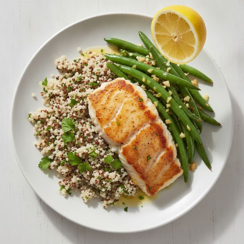 Seared Cod Fillets with Garlic Green Beans and Herb Quinoa