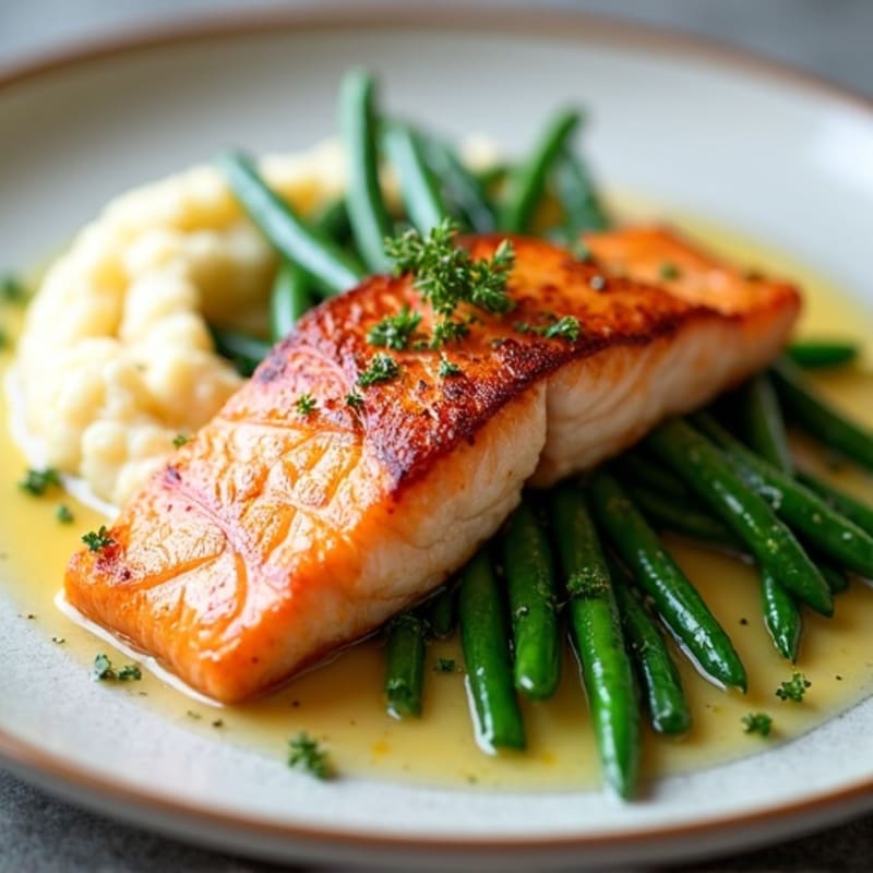 Seared Salmon with Garlic Green Beans and Cauliflower Mash
