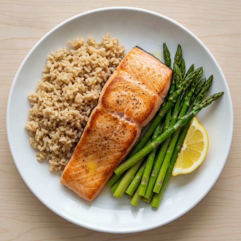Seared Salmon with Steamed Asparagus and Brown Rice