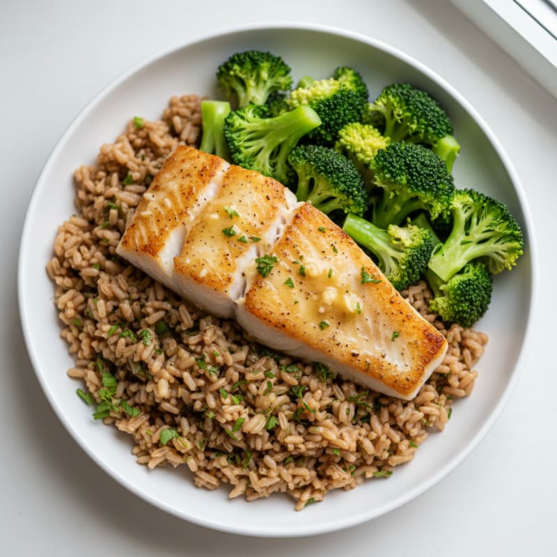 Pan-Seared Fish with Herb Rice and Steamed Broccoli