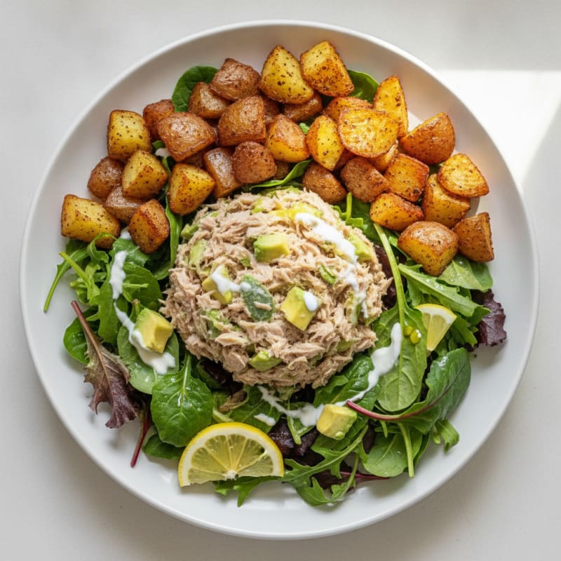 Tuna Salad with Crispy Potatoes and Mixed Greens