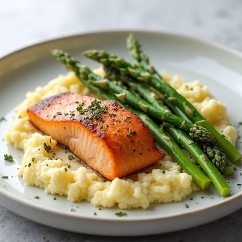 Seared Salmon with Steamed Asparagus and Garlic Mashed Cauliflower