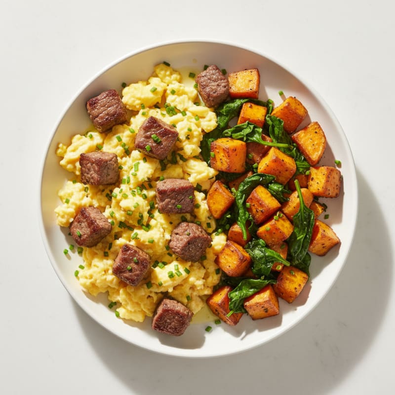 Scrambled Eggs with Steak Bites and Roasted Sweet Potatoes
