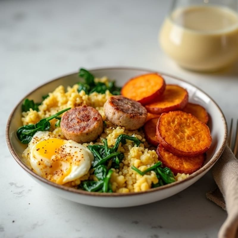 Egg White and Turkey Sausage Scramble with Spinach and Roasted Sweet Potato