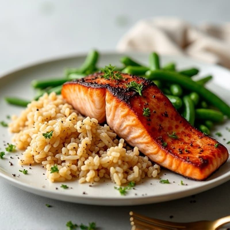 Seared Salmon with Garlic Green Beans and Brown Rice